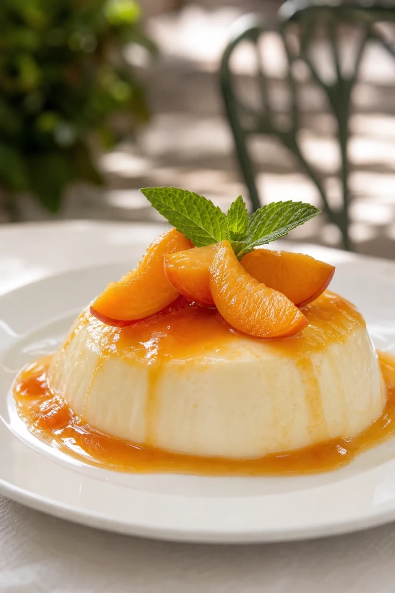 Panna cotta à l'agar-agar démoulée, nappée de coulis d'abricots crus