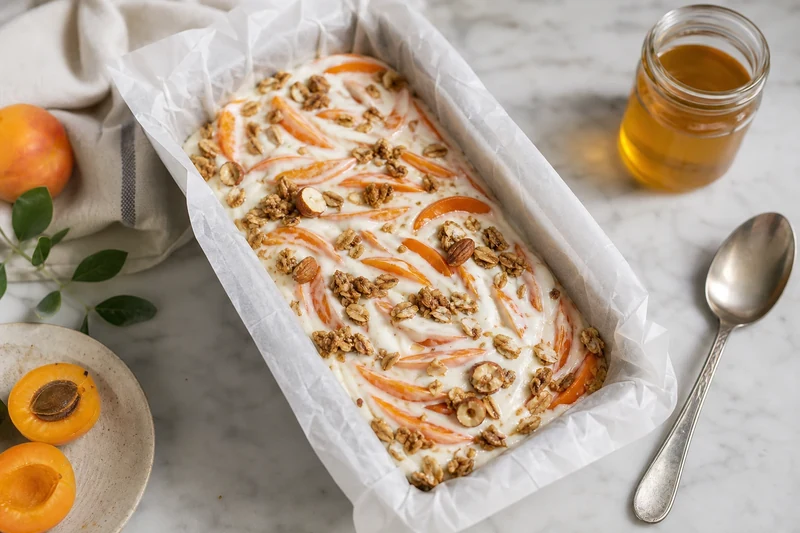 Yaourt grec au miel garni d'abricots tranchés et de granola avant congélation