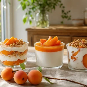 Trois desserts aux abricots frais sans cuisson : verrine mascarpone, panna cotta et yaourt glacé sur table en bois