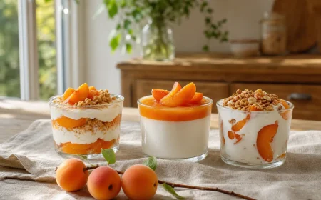 Trois desserts aux abricots frais sans cuisson : verrine mascarpone, panna cotta et yaourt glacé sur table en bois