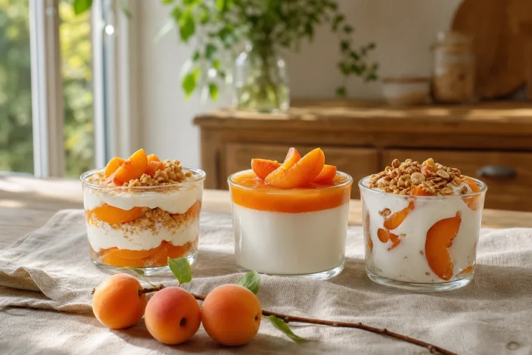 Trois desserts aux abricots frais sans cuisson : verrine mascarpone, panna cotta et yaourt glacé sur table en bois
