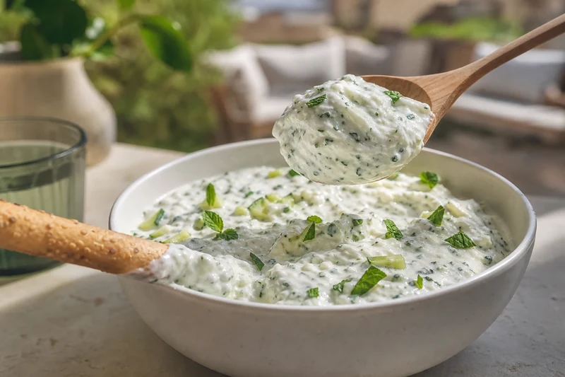 Le dip concombre-menthe fini, texture épaisse qui tient à la cuillère