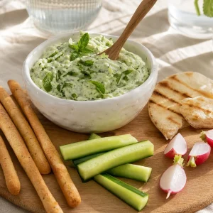 Dip concombre-menthe crémeux servi dans un bol blanc avec gressins et bâtonnets de légumes