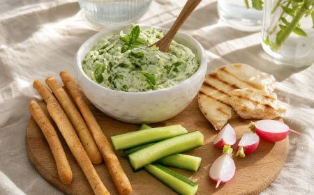 Dip concombre-menthe crémeux servi dans un bol blanc avec gressins et bâtonnets de légumes