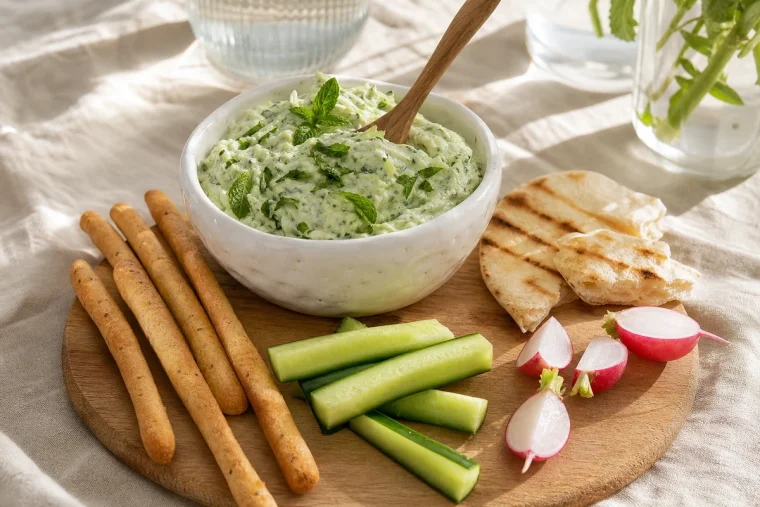 Dip concombre-menthe crémeux servi dans un bol blanc avec gressins et bâtonnets de légumes