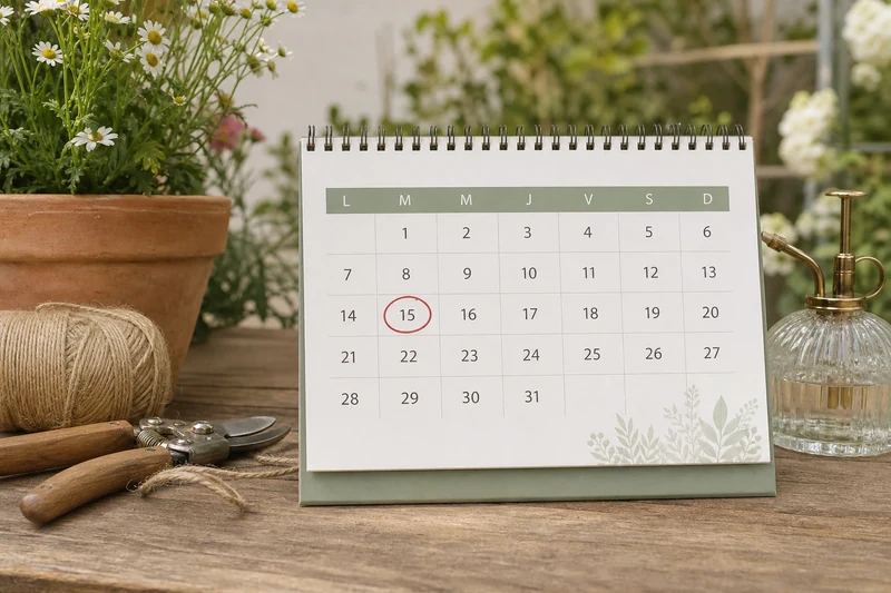 Calendrier de jardin avec la date du 15 juillet entourée en rouge pour l'arrêt de l'engrais azoté