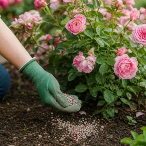 Main gantée épandant du patentkali au pied d'un rosier en fleurs en juillet
