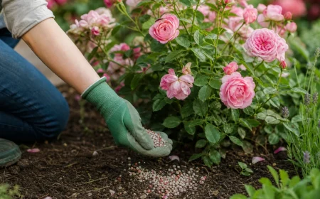 Main gantée épandant du patentkali au pied d'un rosier en fleurs en juillet