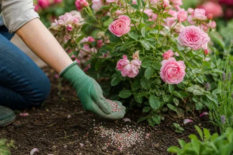 Main gantée épandant du patentkali au pied d'un rosier en fleurs en juillet