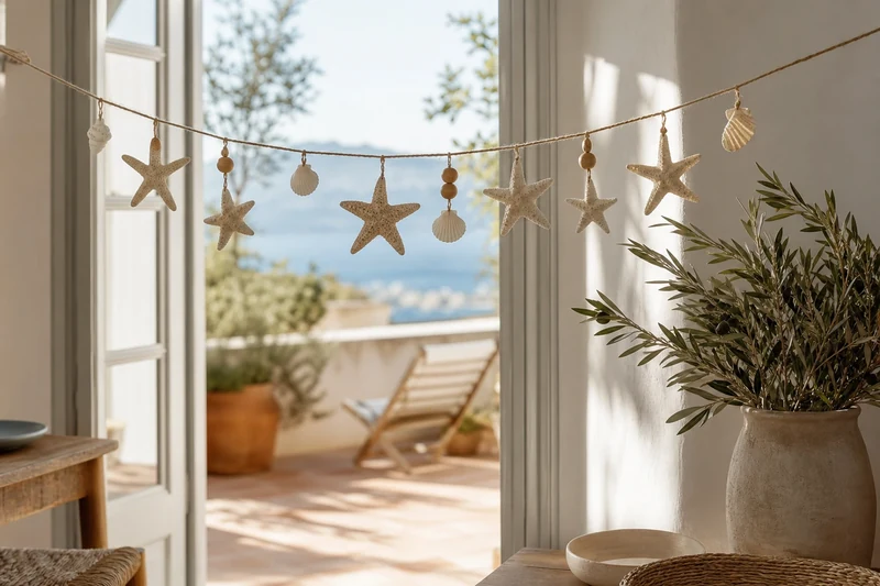 Guirlande d'étoiles de mer en pâte à sel, coquillages et perles de bois devant une porte-fenêtre