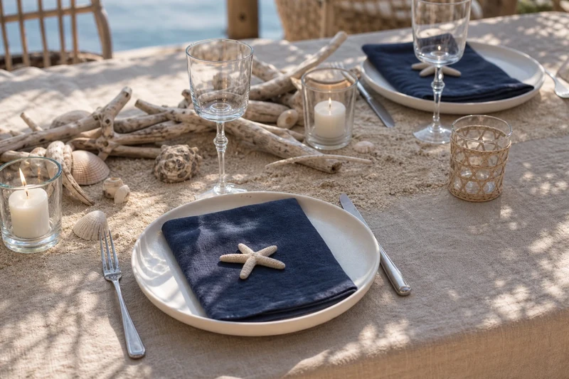 Tour de table maritime avec étoiles de mer en pâte à sel posées sur les serviettes