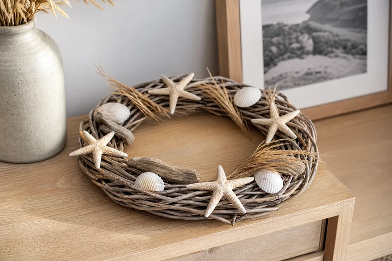 Couronne d'été en saule ornée d'étoiles de mer en pâte à sel, coquillages et bois flotté