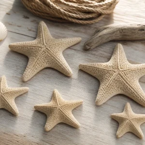 Étoiles de mer en pâte à sel naturelle disposées sur une table en bois avec cordelette de jute et coquillages
