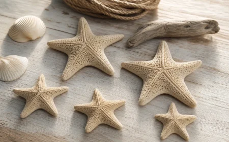 Étoiles de mer en pâte à sel naturelle disposées sur une table en bois avec cordelette de jute et coquillages