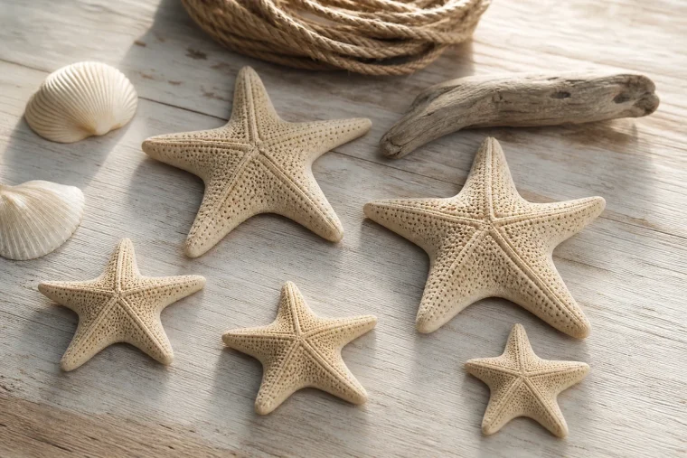 Étoiles de mer en pâte à sel naturelle disposées sur une table en bois avec cordelette de jute et coquillages
