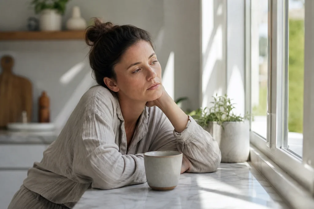 Femme fatiguée près d'une fenêtre, signe possible d'un manque de fer