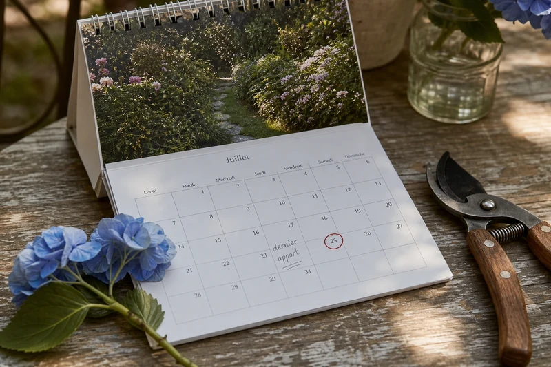 Calendrier de juillet annoté avec la date-limite de fertilisation des hortensias entourée en rouge