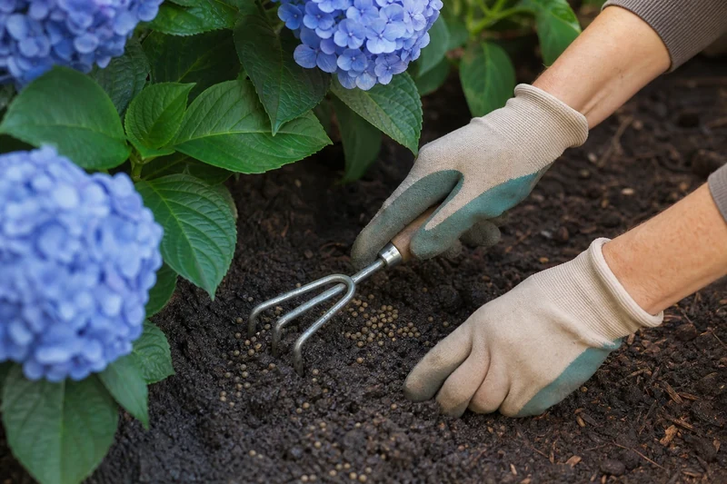 Griffage superficiel pour incorporer l'engrais autour d'un hortensia bleu