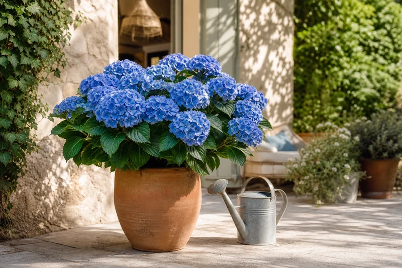 Hortensia bleu en pot terrasse, feuillage sain après apport d'engrais potassique adapté
