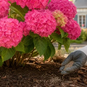 Main gantée épandant de l'engrais organique en granulés au pied d'un hortensia rose en fleurs début juillet