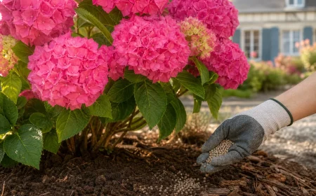 Main gantée épandant de l'engrais organique en granulés au pied d'un hortensia rose en fleurs début juillet