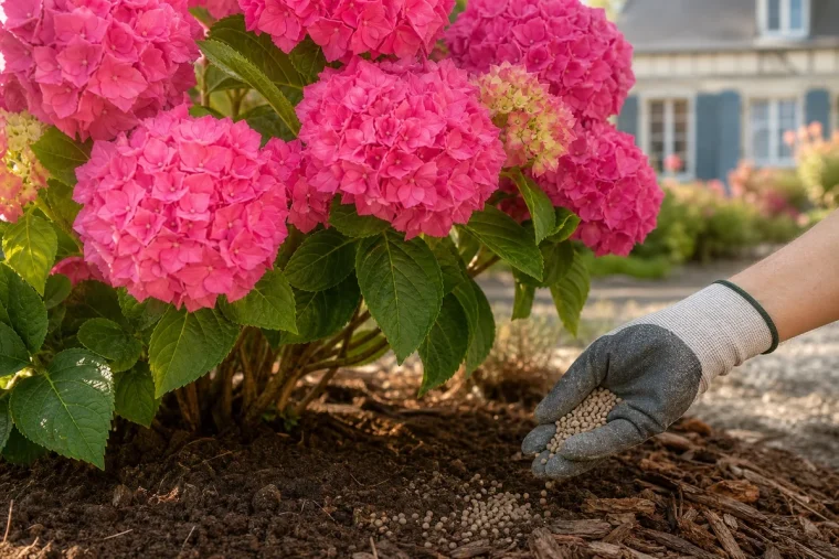 Main gantée épandant de l'engrais organique en granulés au pied d'un hortensia rose en fleurs début juillet