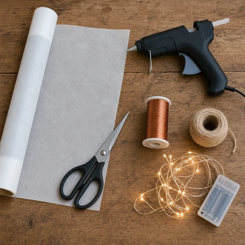 Matériel pour fabriquer une fleur en papier sulfurisé : rouleau, ciseaux, pistolet à colle, fil de fer, ficelle et guirlande LED