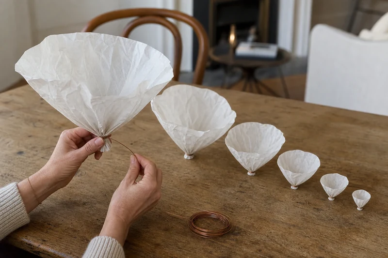 Fixer une corolle en papier sulfurisé avec du fil de fer floral autour de la base pincée