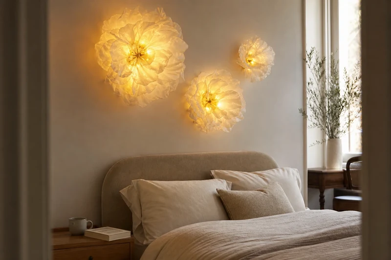 Trois fleurs XXL en papier sulfurisé illuminées de tailles différentes composées au-dessus d'une tête de lit
