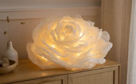 Grande fleur XXL en papier sulfurisé ivoire illuminée par une guirlande LED chaude, posée sur une commode en bois clair