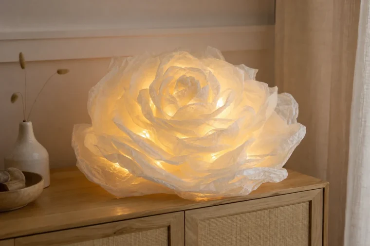 Grande fleur XXL en papier sulfurisé ivoire illuminée par une guirlande LED chaude, posée sur une commode en bois clair