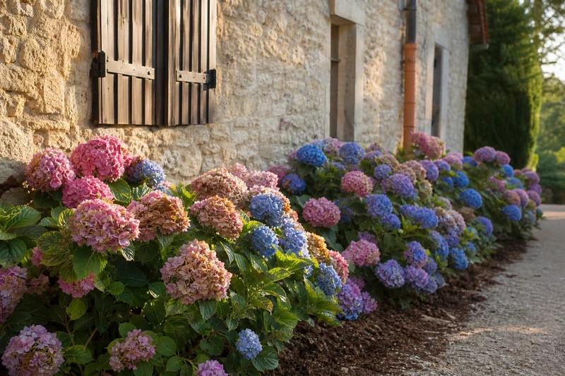 Massif d'hortensias contre un mur de pierre, asymétrie côté soleil et côté ombre