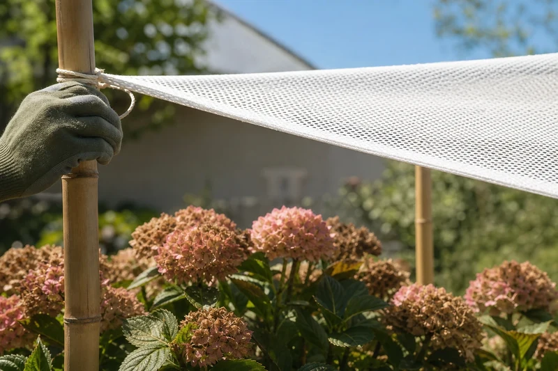 Installation d'un voile d'ombrage blanc entre deux piquets de bambou au-dessus d'un massif d'hortensias