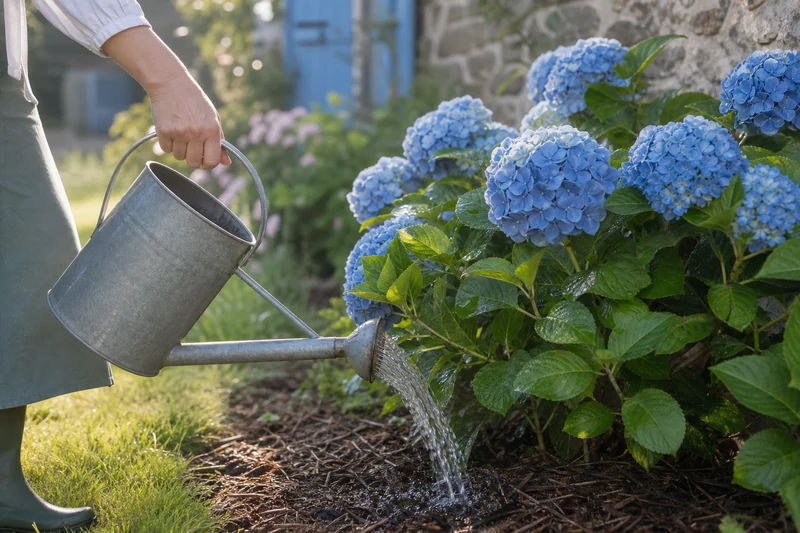 Arrosage matinal au pied d'un hortensia avec arrosoir en zinc