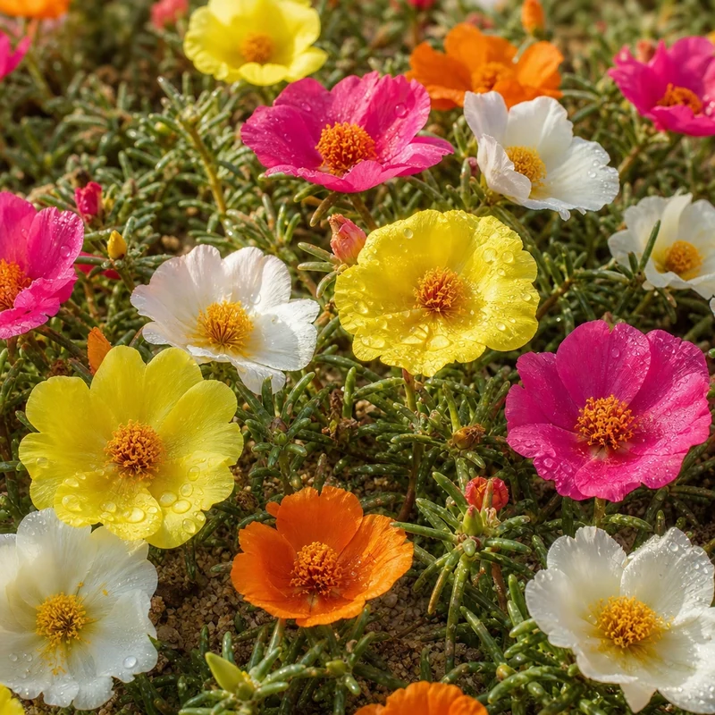 Fleurs de portulaca multicolores en pleine floraison sur balcon en été