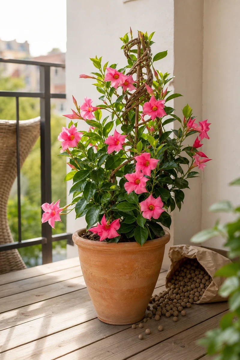 Dipladénia rose en pot terracotta de 30 cm avec billes d'argile