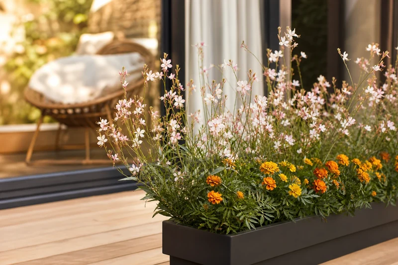 Gaura blanc-rose et œillets d'Inde jaunes en jardinière longue sur terrasse