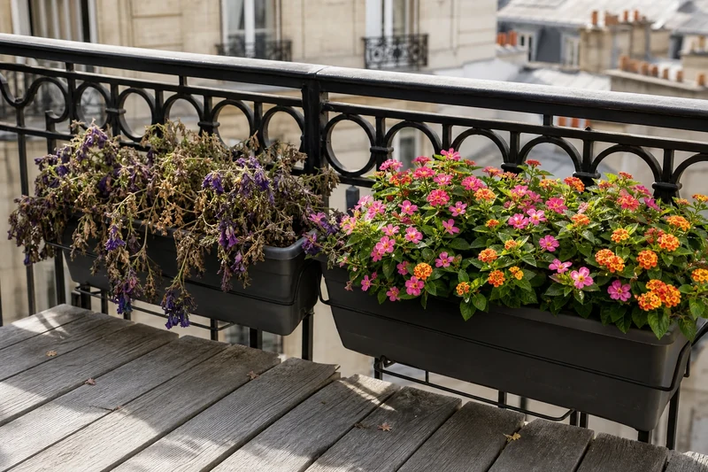Pétunias effondrés à gauche, portulaca et lantana en pleine forme à droite après une journée à 37 °C