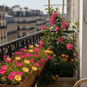 Jardinières fleuries de portulaca, dipladénia et lantana sur balcon plein sud à 37 °C