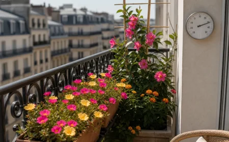 Jardinières fleuries de portulaca, dipladénia et lantana sur balcon plein sud à 37 °C