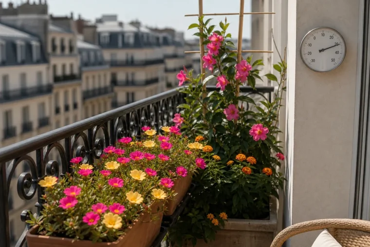 Jardinières fleuries de portulaca, dipladénia et lantana sur balcon plein sud à 37 °C