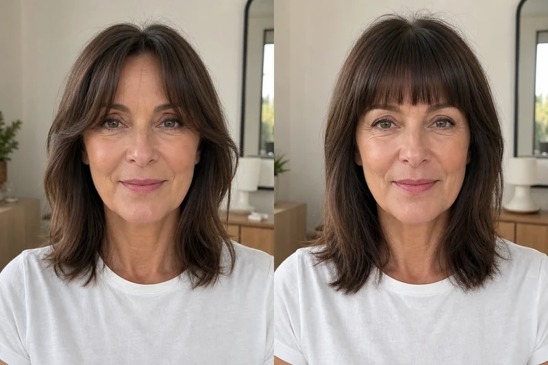 Comparaison visuelle frange rideau effilée versus frange droite épaisse sur visage de 50 ans
