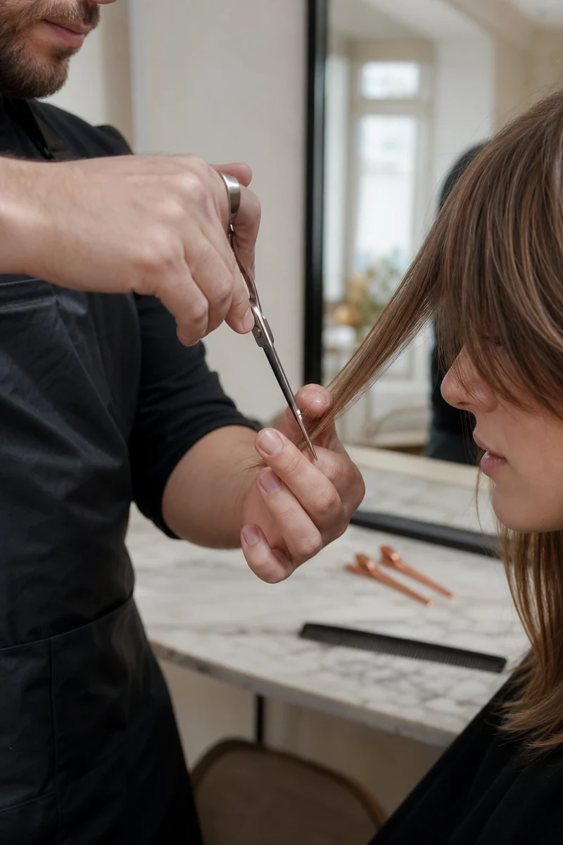 Technique de coupe au piquetage sur cheveux secs pour créer une frange rideau effilée