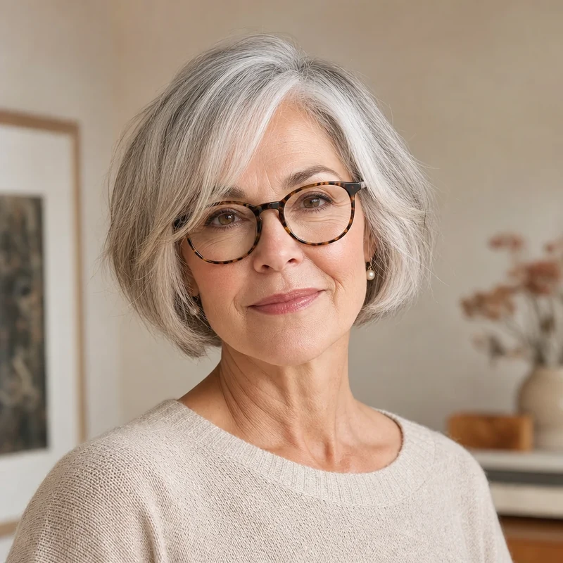Frange rideau side-swept sur cheveux gris avec lunettes écaille après 60 ans