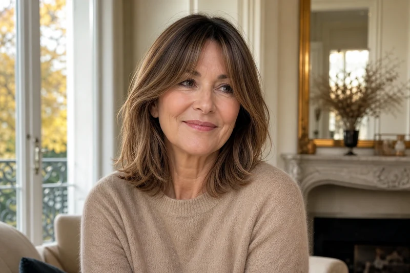 Résultat d'une frange rideau bien entretenue trois semaines après la coupe sur cheveux châtain balayage caramel