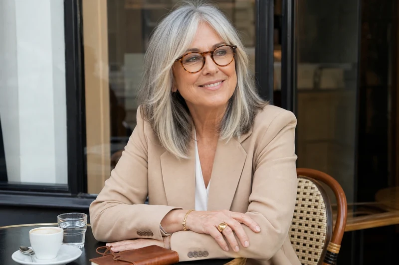 Carré long dégradé avec frange rideau et balayage clair sur cheveux gris