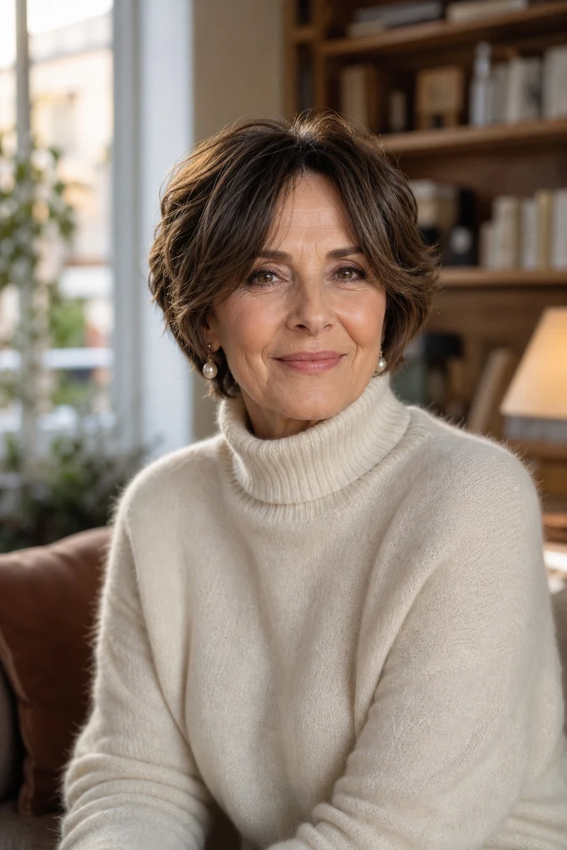 Pixie long avec frange rideau longue jusqu'à la mâchoire femme 60 ans