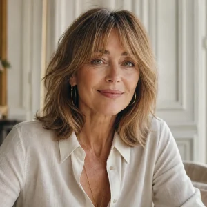 Femme de 60 ans avec frange rideau effilée qui adoucit son visage