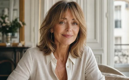 Femme de 60 ans avec frange rideau effilée qui adoucit son visage