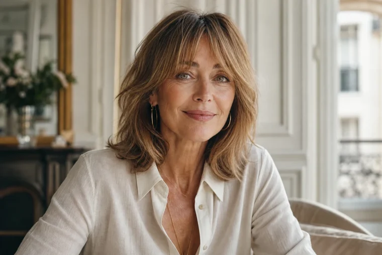 Femme de 60 ans avec frange rideau effilée qui adoucit son visage
